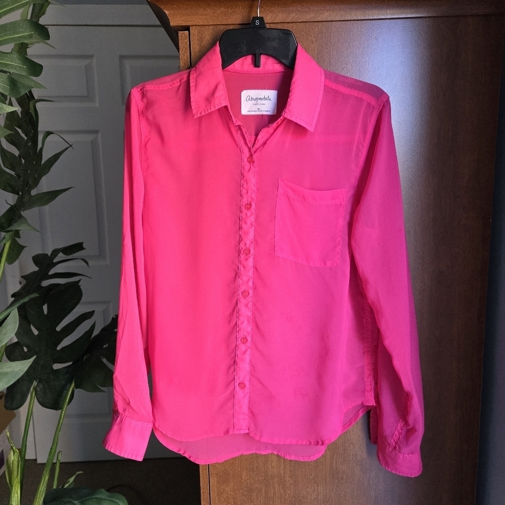 Aeropostale Bright Pink Sheer Button-Up Blouse Medium